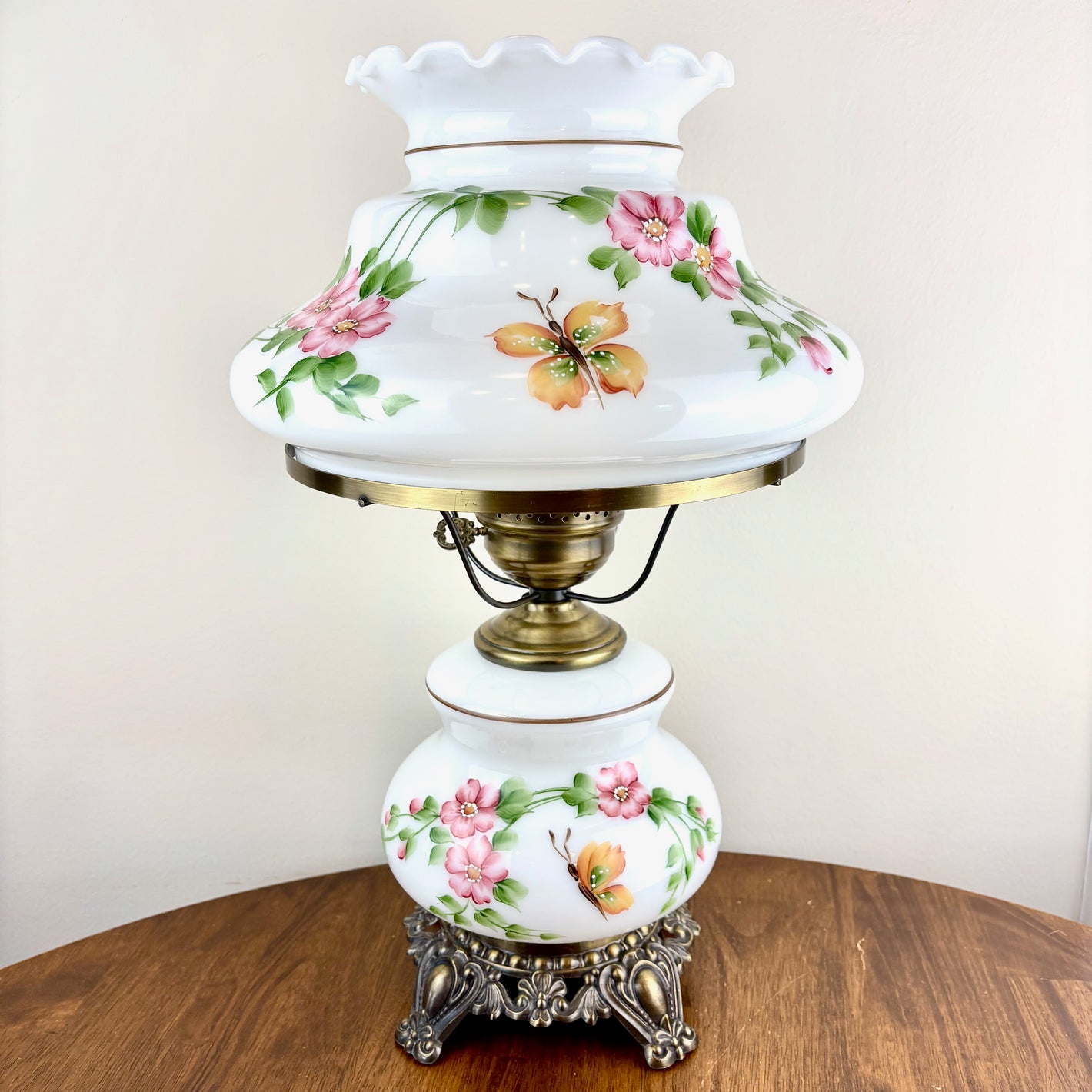 Vintage Butterfly Pink Floral Milk Glass Hurricane Lamp | Vintage Lamp