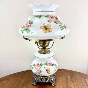 Vintage Butterfly Pink Floral Milk Glass Hurricane Lamp | Vintage Lamp