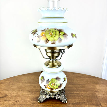 Vintage Hand Painted White Milk Glass Green Orange Floral Hurricane Table Lamp