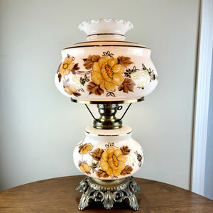 Vintage Hand Painted Milk Glass Floral Yellow Brown Gold Hurricane Table Lamp