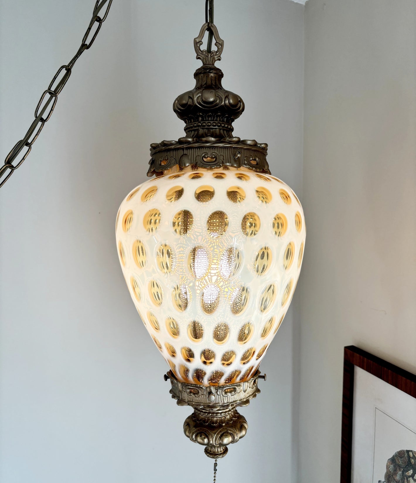 Vintage Fenton Honeysuckle Coin Dot Swag Lamp