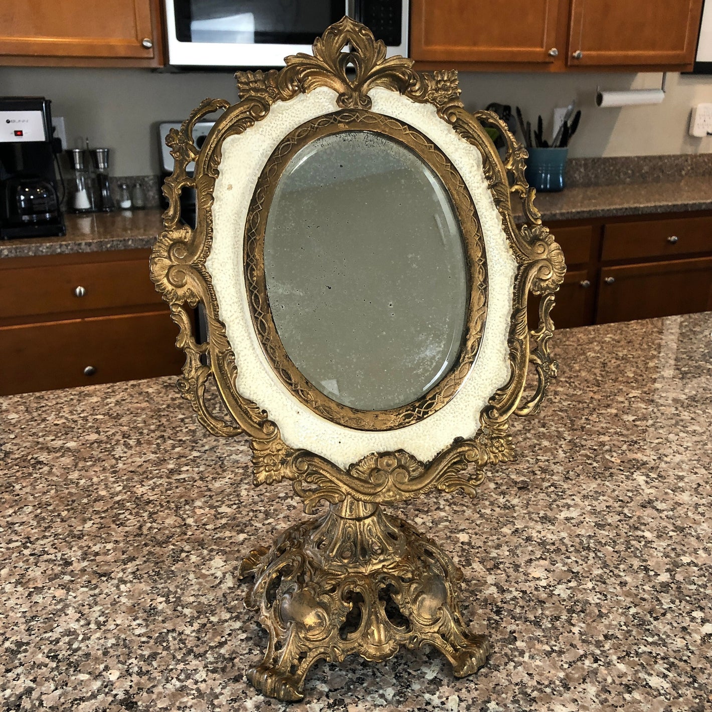 Antique Ornate Metal Beveled Tilting Glass Vanity Mirror,  Boudoir Standing Table Mirror