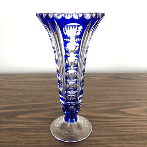 Vintage Cobalt Cut To Clear Crystal Pedestal Vase, Cobalt Cut to Clear Vase