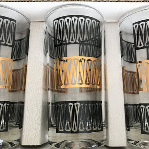 Mid-Century Anchor Hocking Atomic Black & Gold Drinking Glasses (Set of 8) in Original Box