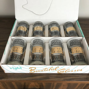 Mid-Century Anchor Hocking Atomic Black & Gold Drinking Glasses (Set of 8) in Original Box