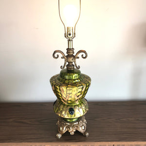 Vintage Green Glass Table Lamp with Jewels - 1970's Green Bedroom Lamp