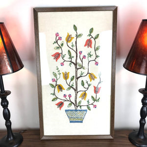 Vintage Finished Framed Crewel Flowers, Floral Crewel Embroidery Finished