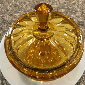 Viking Glass Epic Amber Diamond Steeple Lidded Candy Dish, Vintage Viking Amber Footed Candy Dish