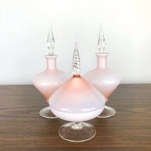 Vintage Pink Glass Vanity Set (Set of 3), Perfume Powder Empoli Style Italian Glass, Glass Dresser Set